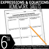 6th Grade Math Homework Sheets - Expressions & Equations -