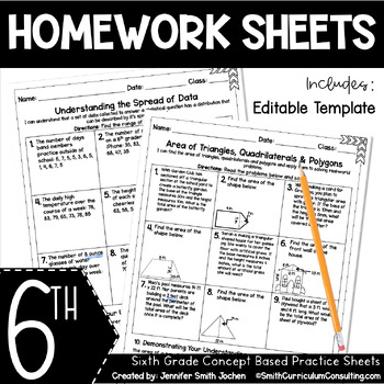 Preview of 6th Grade Math Homework Sheets for Full Year and EDITABLE - Practice Sheets