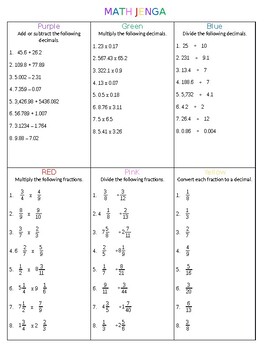 6th Grade Math Jenga (multiply/divide decimals, multiply ...