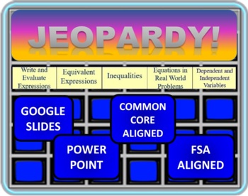 Preview of 6th Grade Math Jeopardy - Expressions and Equations (EE)  GOOGLE SLIDES AND PPT