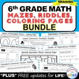 6th Grade Math Mazes, Riddles, Color by Number BUNDLE Print, Digital