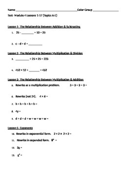 Preview of 6th Grade Math Module 4 Practice Test Lessons 1-17