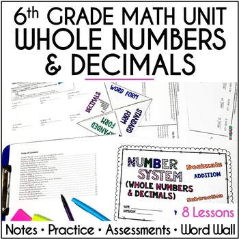 Preview of 6th Grade Math Number System Curriculum Unit, Whole Numbers & Decimals, Editable