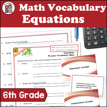 Preview of Equations | 6th Grade Pre-algebra Math Vocabulary Study Guide Flash Cards Quiz