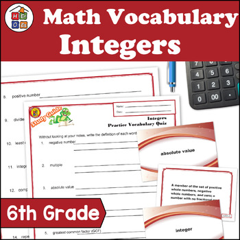 Preview of Integers | 6th Grade Pre-algebra Math Vocabulary Study Guide Flash Cards Quizzes