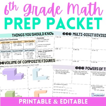 Preview of 6th Grade Math Summer Prep Packet | 5th Grade Math Review Skills