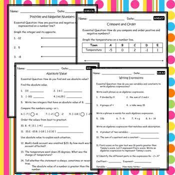 6th grade math review printable worksheets assessments homework standard based