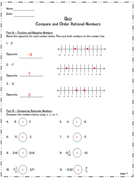 6th grade math quiz compare and order rational numbers
