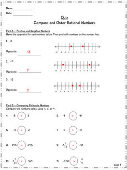 6th grade math quiz compare and order rational numbers by eli burger