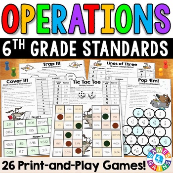 Preview of 6th Grade Math Review Center Games with Fraction & Decimal Operations Test Prep