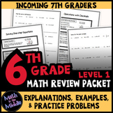 6th Grade Math Review Packet Level 1 - Back to School Math