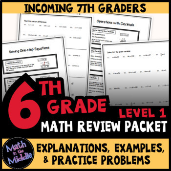 Preview of 6th Grade Math Review Packet Level 1 - End of Year Math Summer Packet