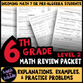 6th Grade Math Review Packet Level 2 - Back to School Math