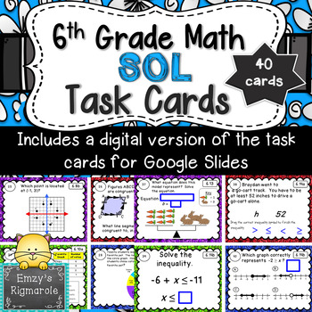 Preview of 6th Grade Math SOL (2016 standards) Review - Printable and Digital Task Cards