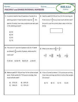 Preview of 6th Grade Math STAAR Review RATIONAL NUMBERS * TEKS 6.3.E * FORM A