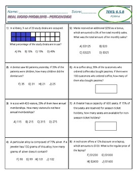 Preview of 6th Grade Math STAAR Review REAL WORD PROBLEMS PROPORTION * TEKS 6.5.B * FORM A