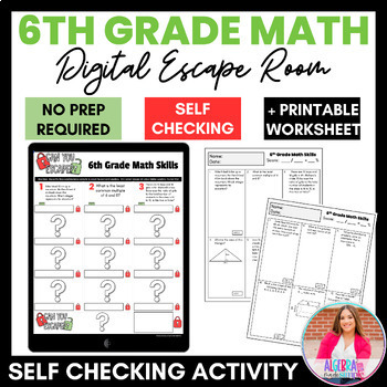 Preview of 6th Grade Math Skills End of Year Review Digital Escape Room Print Worksheet 