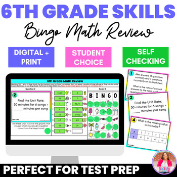 Preview of 6th Grade Math Skills End of Year Review Test Prep Digital Bingo Game Task Cards