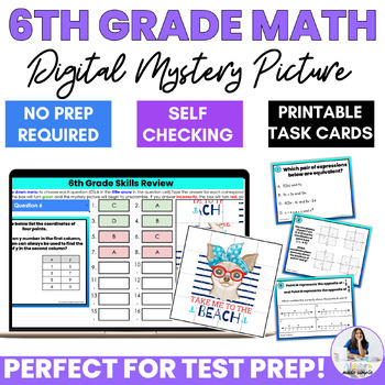 Preview of 6th Grade Math Skills Review Digital Task Cards Test Prep Mystery Puzzle