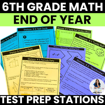 Preview of 6th Grade Math End of Year Review Test Prep Math Stations Centers Activity EOC