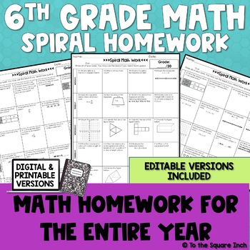 Preview of 6th Grade Math Homework | Spiral Format & Editable | Full Year | Digital Version
