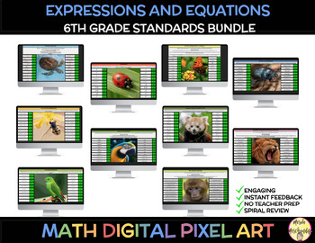 Preview of 6th Grade Math Spiral Review Bundle Expressions & Equations Self-Checking Bundle