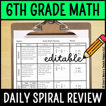 Preview of 6th Grade Math Spiral Review | Editable Growing Daily Math Practice Worksheets