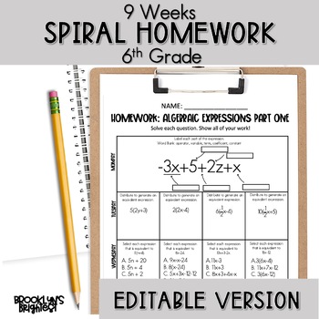 Preview of 6th Grade Math Spiral Review Homework Editable