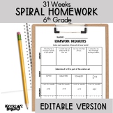 6th Grade Math Spiral Review Homework Editable Entire Year