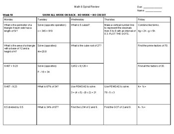 6th Grade Math Spiral Review Semester 2 Weeks 9 16 Answer Key Included
