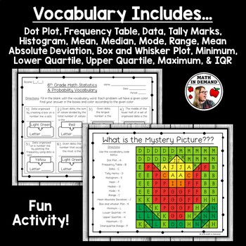 6th grade math statistics probability vocabulary coloring worksheet