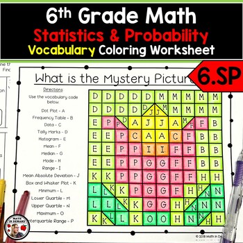 Preview of 6th Grade Math Vocabulary Coloring Worksheet for 6.SP