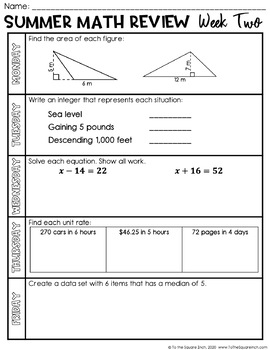 6th grade math summer packet by to the square inch kate