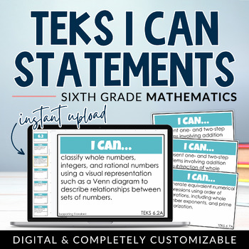 Preview of 6th Grade Math TEKS I Can Statements | Digital + Editable Agenda Slides