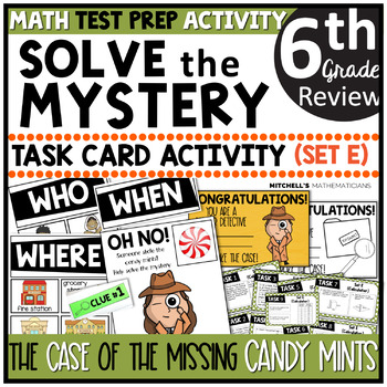 Preview of 6th Grade Math Test Prep Task Card Activity Solve the Mystery: Candy Mints