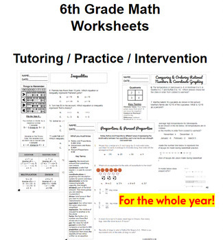 Preview of 6th Grade Math Tutoring / Intervention / Practice Worksheets with math guides