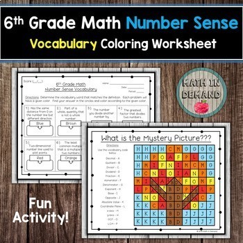6th Grade Math Vocabulary Coloring Worksheets Bundle by Math in Demand