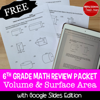 Preview of 6th Grade Math Volume and Surface Area Review Packet | Worksheets