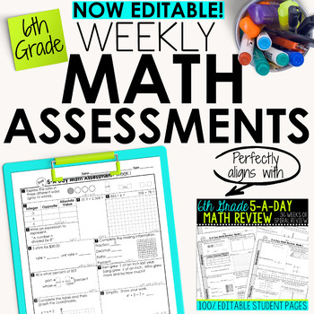 Preview of 6th Grade Math Weekly Assessments Math Quizzes [EDITABLE]