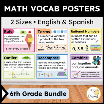 Preview of 6th Grade Math Word Wall Posters English/Spanish CCSS Vocabulary + iReady Banner