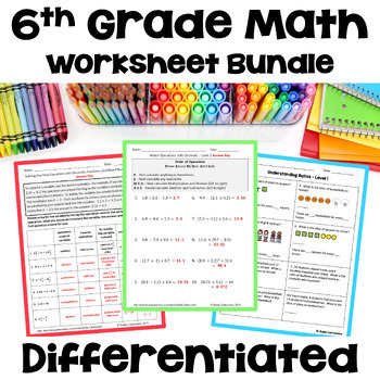 Preview of Math Worksheets for 6th Grade - Differentiated and No Prep with Answers