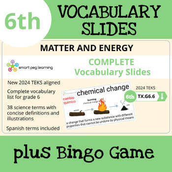 Preview of 6th Grade Matter and Energy Vocabulary Slides | English & Spanish