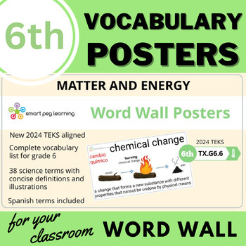 Preview of 6th Grade Matter and Energy Vocabulary Word Wall Posters | English & Spanish