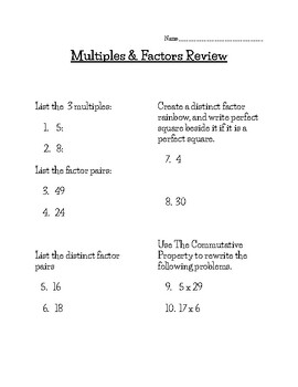 Preview of 6th Grade Multiples and Factors Review
