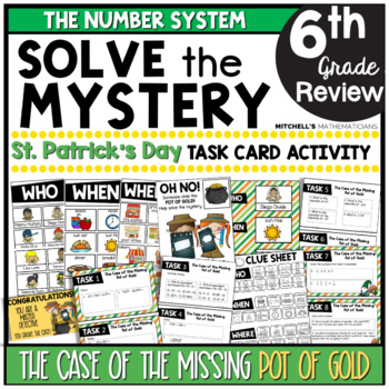 Preview of 6th Grade Number System Solve The Mystery St. Patrick's Day Task Card Activity
