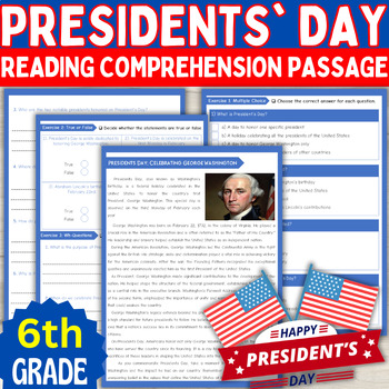 Preview of 6th Grade Presidents' Day Activities Reading comprehension passage and questions