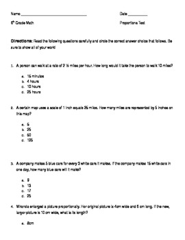 6Th Grade Proportions And Rates Multiple Choice Test By Kimberly Jordan