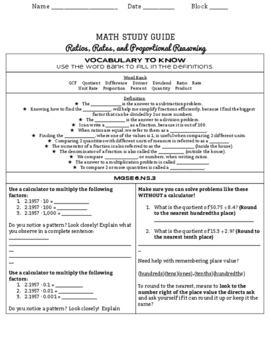 Preview of 6th Grade Ratio, Rate, & Proportional Reasoning Study Guide