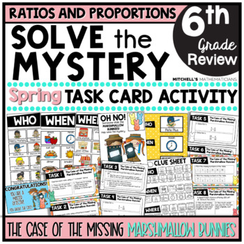 Preview of 6th Grade Ratios and Proportions Solve The Mystery Spring Task Card Activity