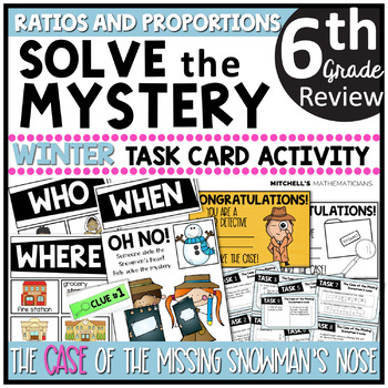 Preview of 6th Grade Ratios and Proportions Solve The Mystery Winter Task Cards